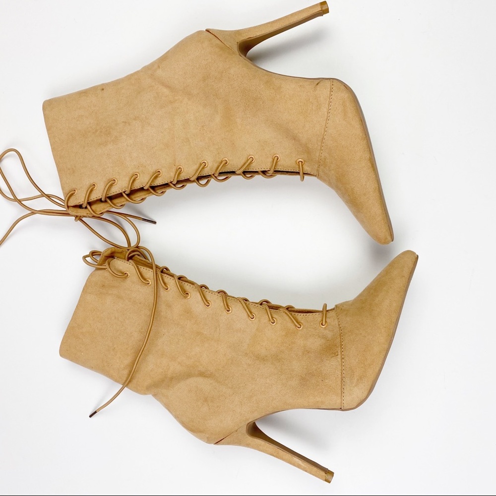 Faux suede tan lace up heels boots